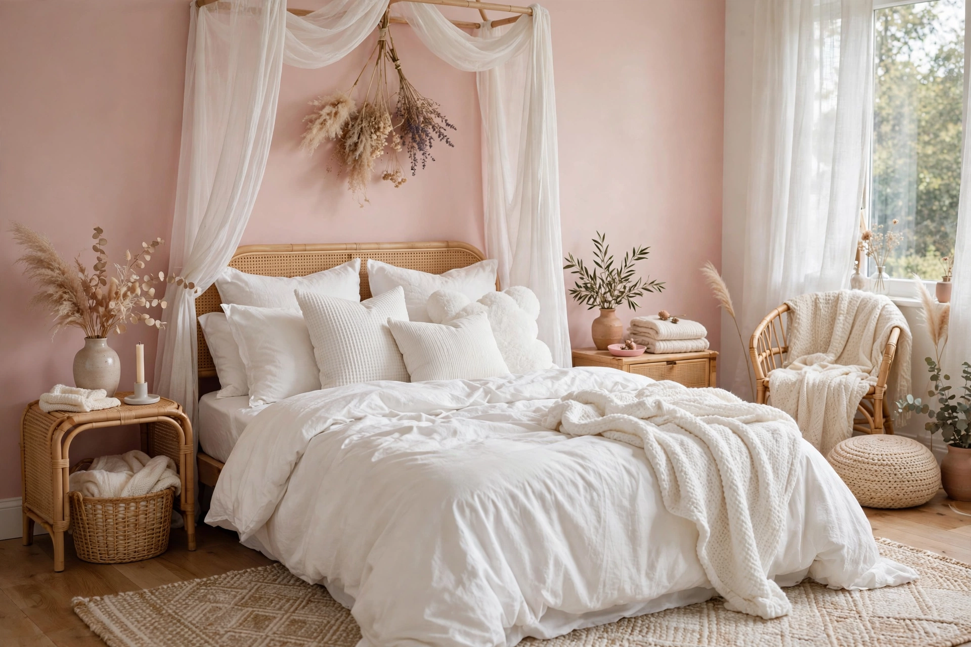 Dreamy girls bedroom with blush pink walls and cozy white bedding