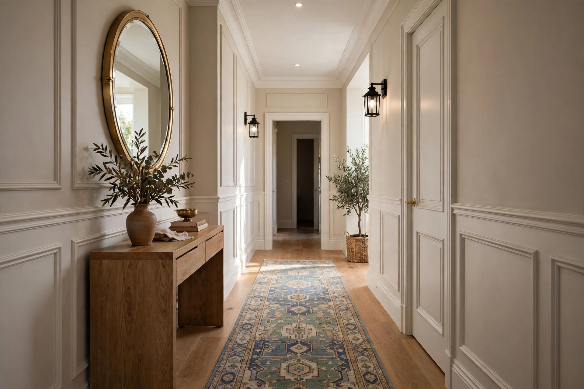 Narrow hallway with a patterned runner rug, console table, and mirror for elegant style