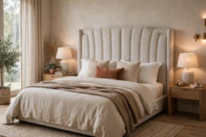 Elegant upholstered headboard anchoring a beautifully styled modern bedroom