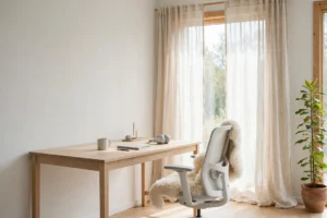 Bright Scandinavian home office with pale oak desk, white chair and tall plant by a large window
