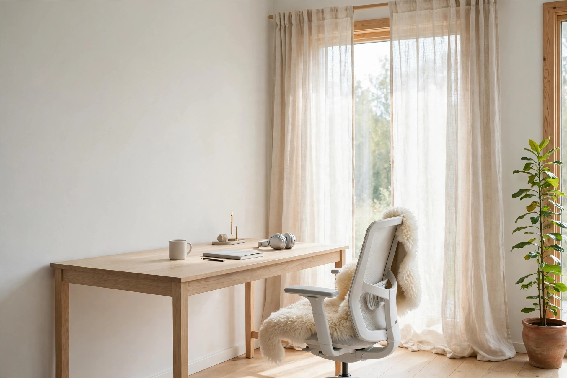 Bright Scandinavian home office with pale oak desk, white chair and tall plant by a large window