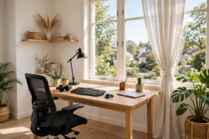 Bright home office with ergonomic desk setup near window with plant