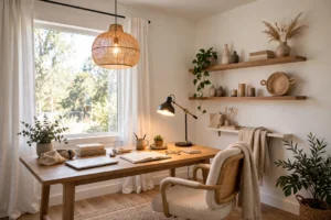 Bright home office with layered lighting from window pendant and desk lamp