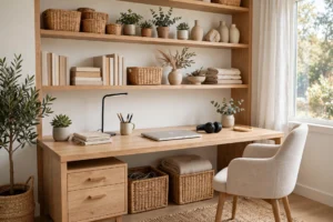 Bright organized home office with tidy desk and shelves