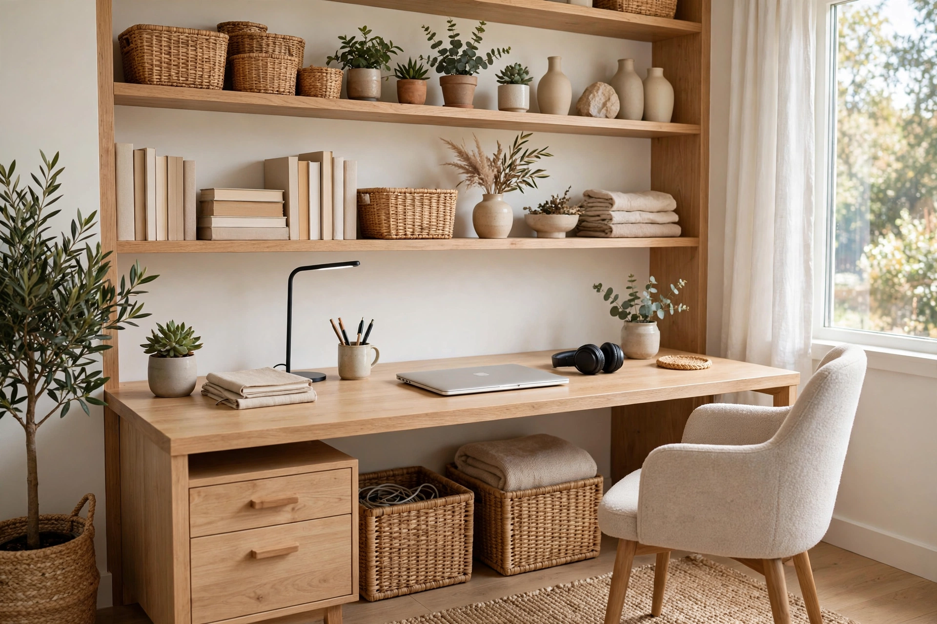Bright organized home office with tidy desk and shelves