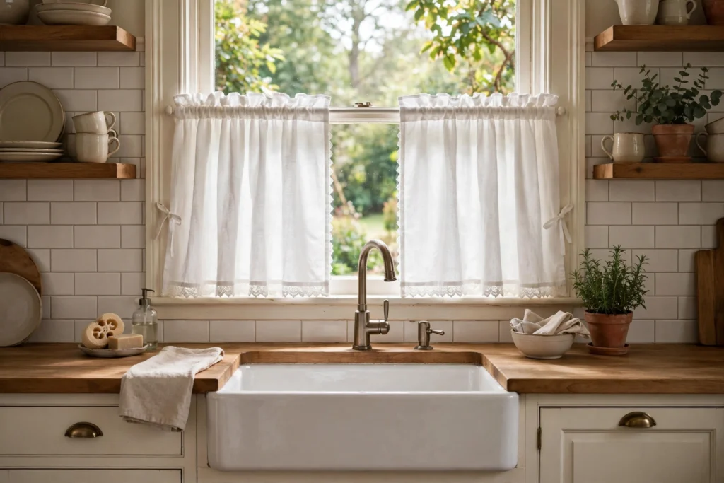 Charming kitchen window with white cafe curtains and a farmhouse sink below