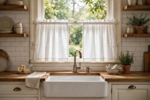 Charming kitchen window with white cafe curtains and a farmhouse sink below