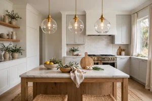 Kitchen island with three glass globe pendant lights hanging above it