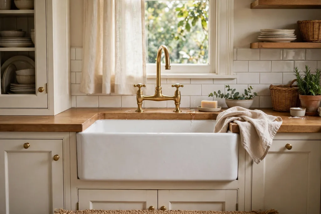 White farmhouse apron sink with brass bridge faucet in a cozy kitchen