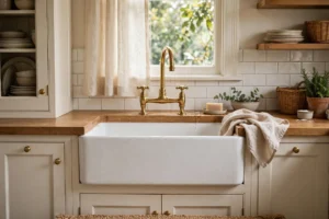 White farmhouse apron sink with brass bridge faucet in a cozy kitchen