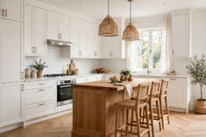 Bright L-shaped kitchen with white cabinets, wooden island and bar stools