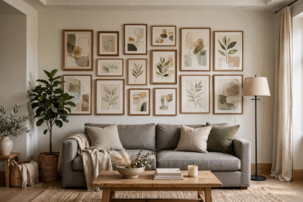 Stunning living room gallery wall with framed art above sofa