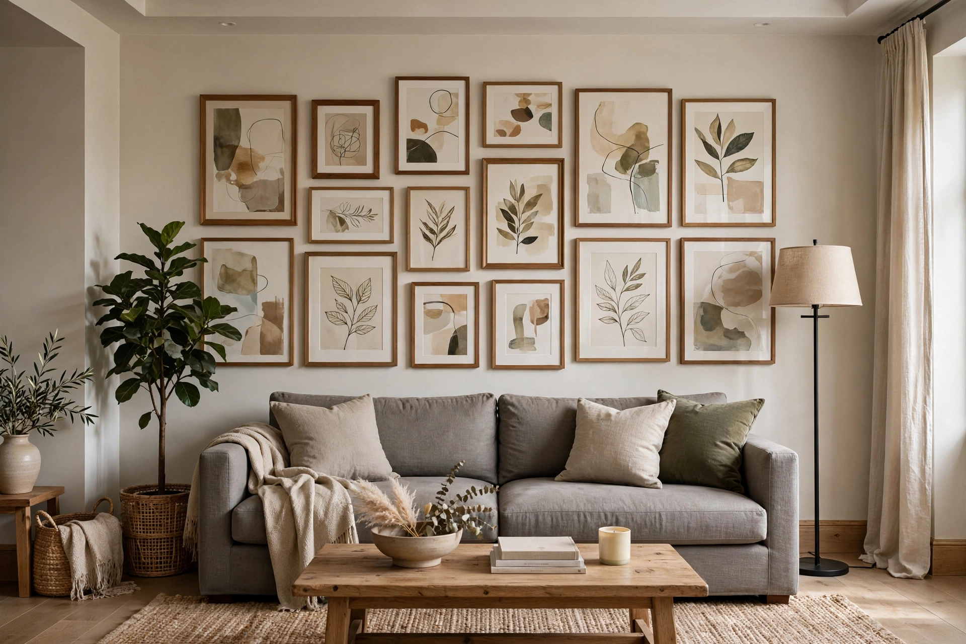 Stunning living room gallery wall with framed art above sofa