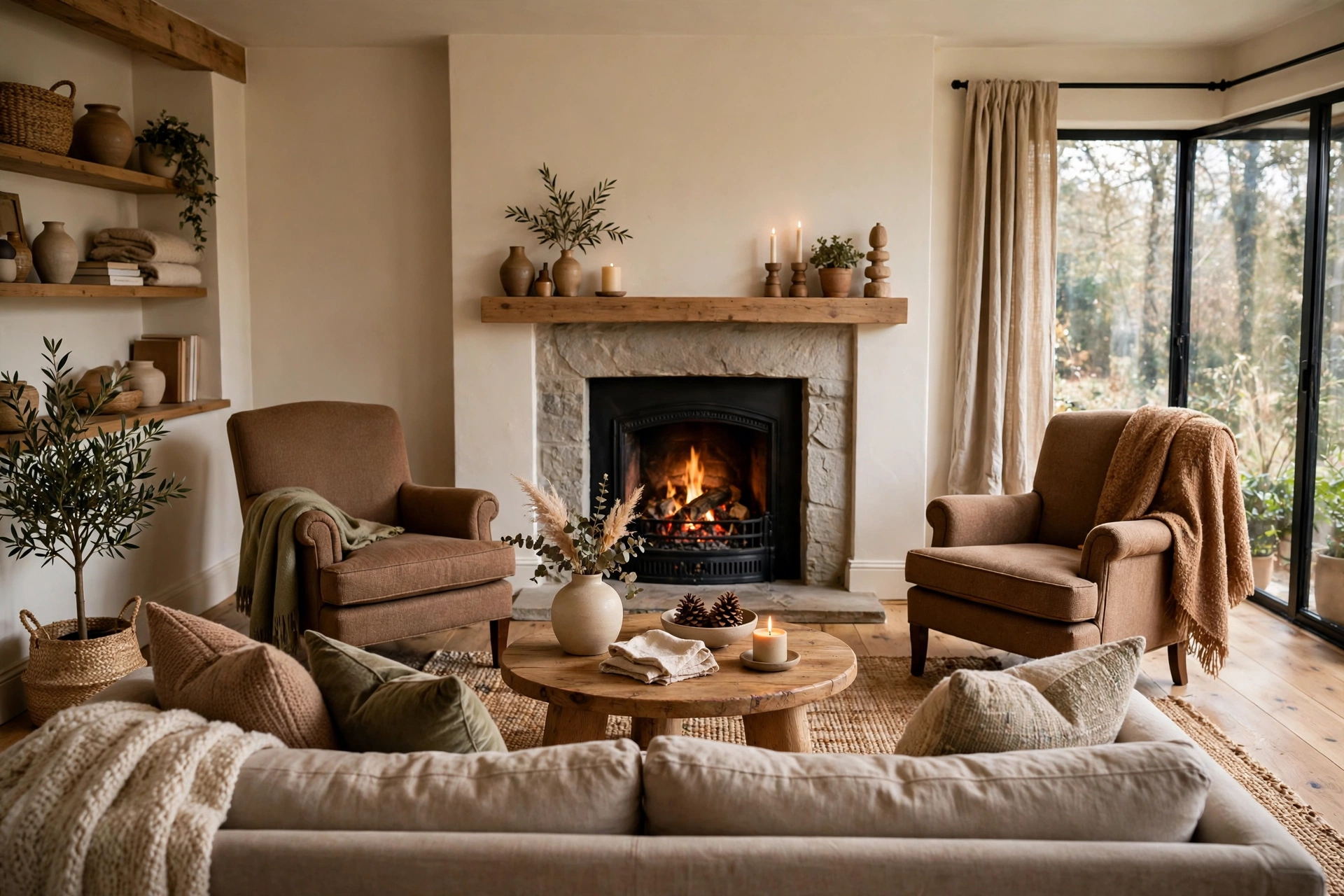 Cozy living room layout with sofa facing fireplace and chairs