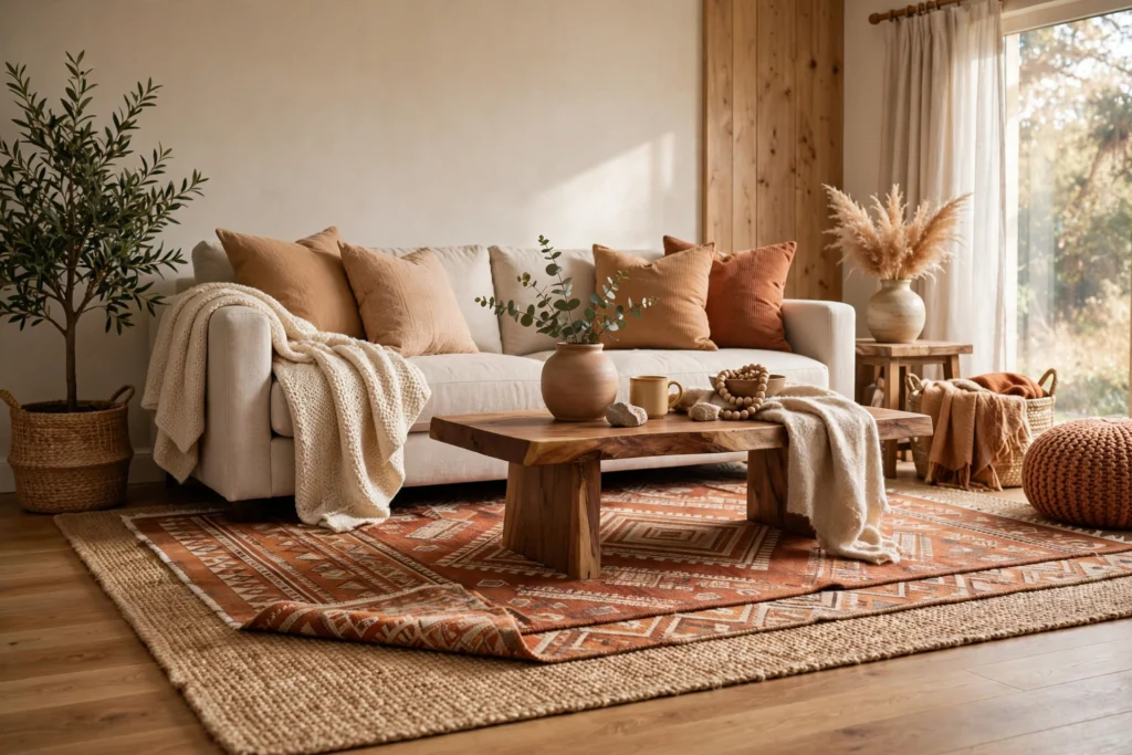 Cozy living room rug ideas with a warm layered rug under a sofa