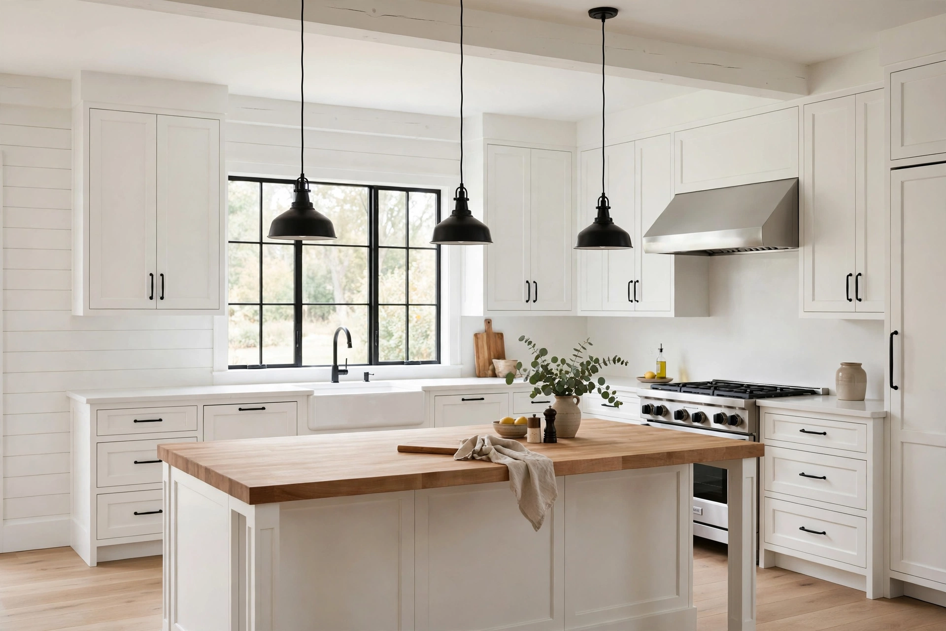 Bright modern farmhouse kitchen with white shaker cabinets, butcher-block island, apron sink and black pendants