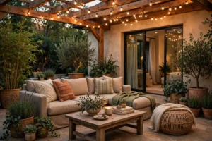 Stunning patio retreat with string lights and cozy seating