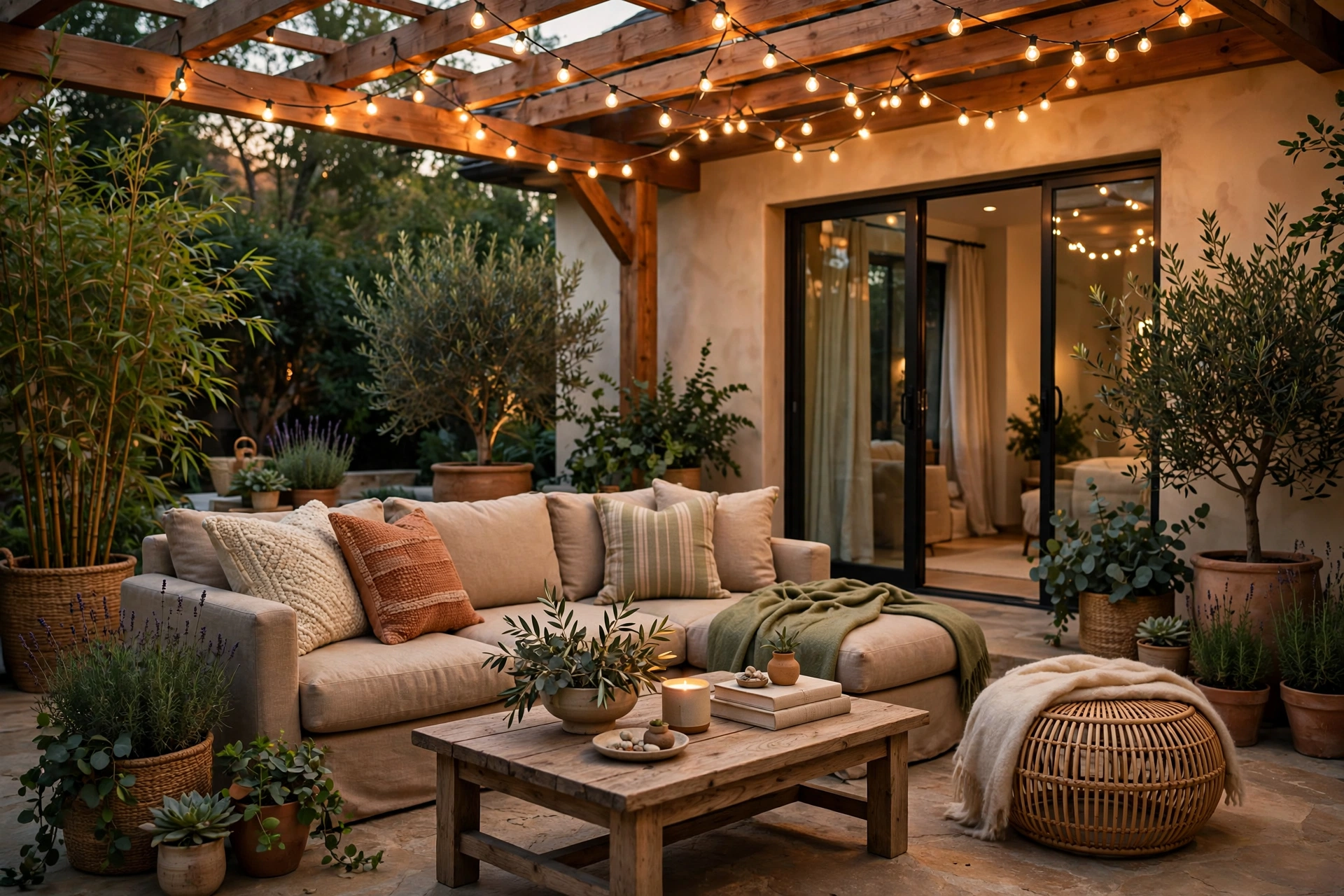 Stunning patio retreat with string lights and cozy seating