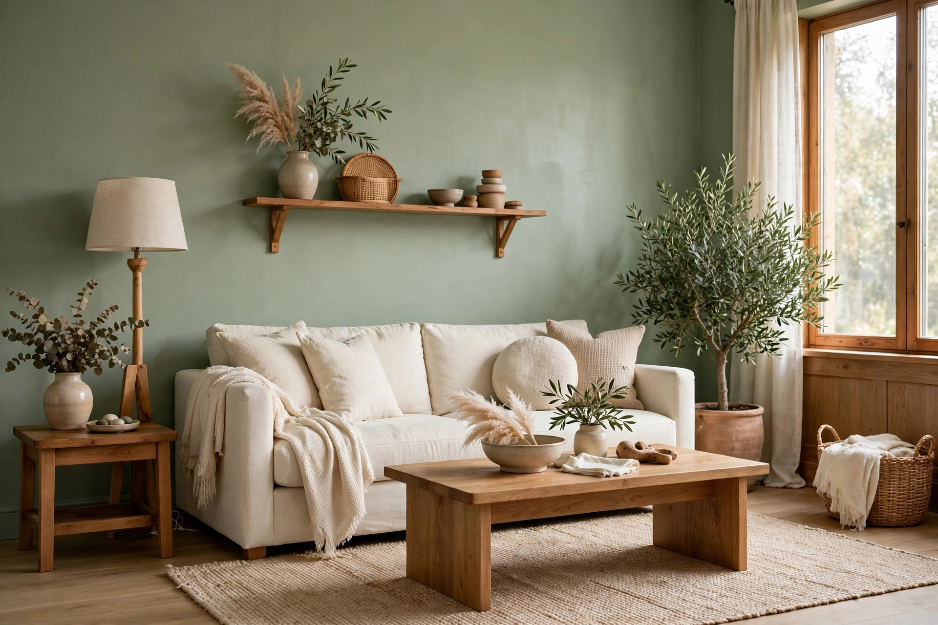 Featured image: serene sage green living room with cream sofa and wood accents