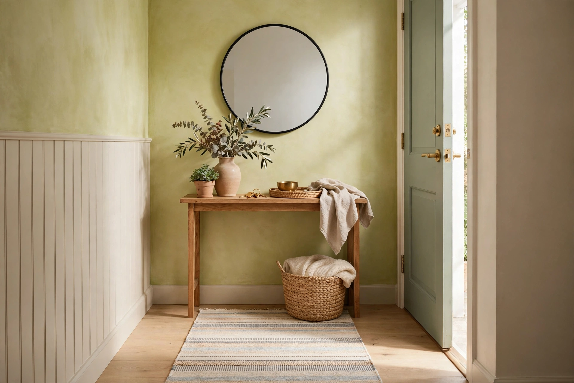 Welcoming small entryway with console mirror and runner rug