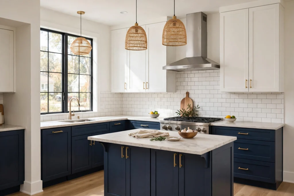 Two-tone kitchen with navy lower cabinets and white upper cabinets