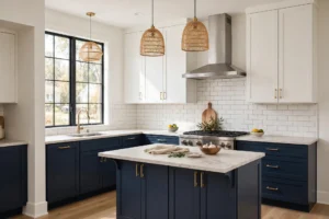 Two-tone kitchen with navy lower cabinets and white upper cabinets