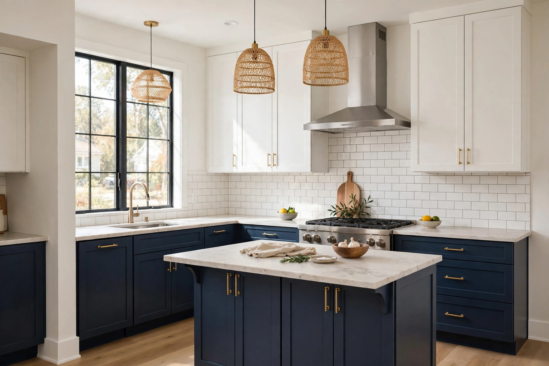 Two-tone kitchen with navy lower cabinets and white upper cabinets