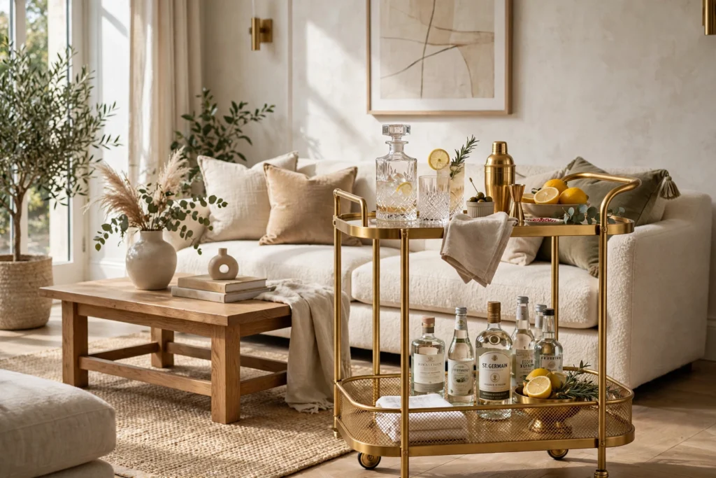 Chic Gold Bar Cart Styled In An Elegant Living Room