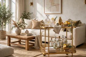 Chic Gold Bar Cart Styled In An Elegant Living Room