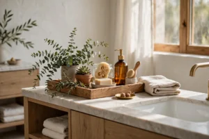 Styled Bathroom Counter With Wooden Tray And Greenery