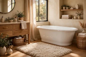 Cozy Bathroom With A Plush Rug Beside A White Freestanding Tub