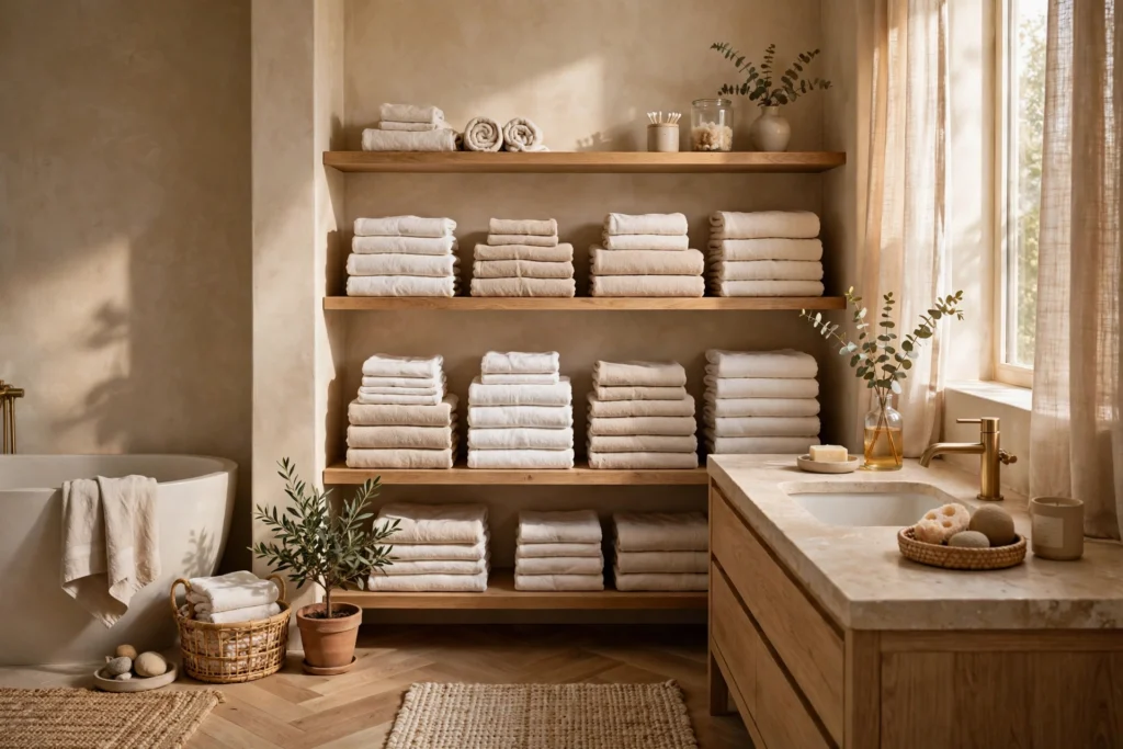 Spa Like Bathroom With Neatly Folded Towels On Open Shelves
