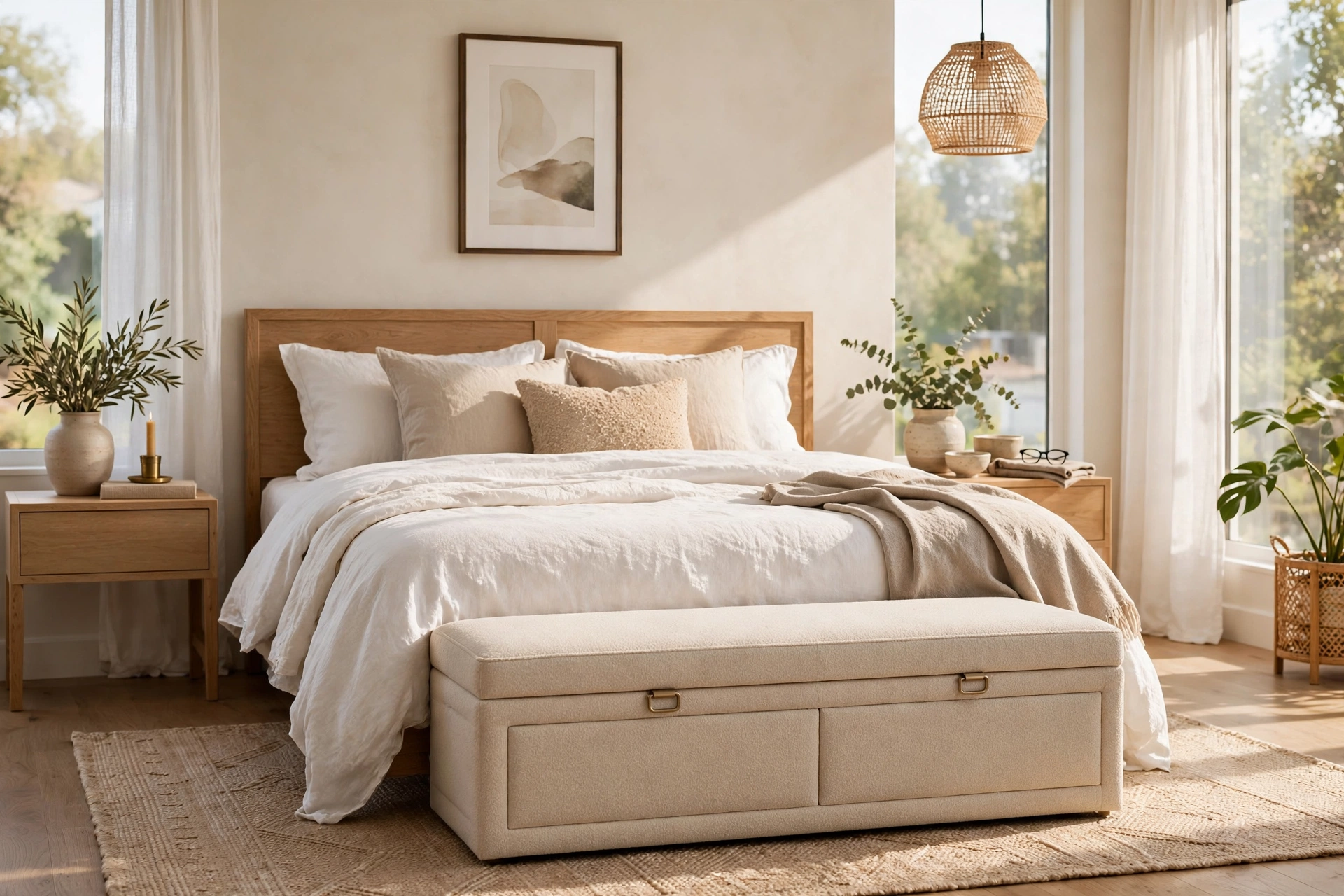 Beige Upholstered Storage Bench at Foot of Bed in Bright Modern Bedroom