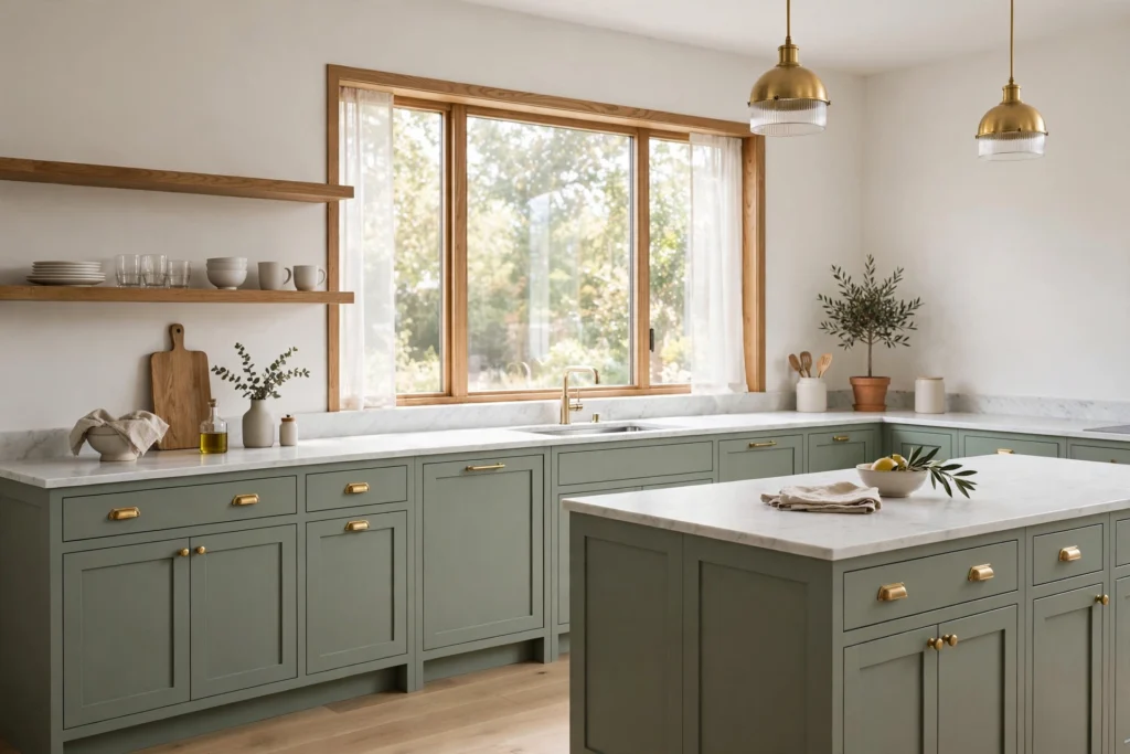 Sage green shaker kitchen with brass hardware, white marble counters and oak open shelving