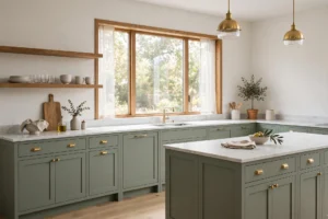 Sage green shaker kitchen with brass hardware, white marble counters and oak open shelving