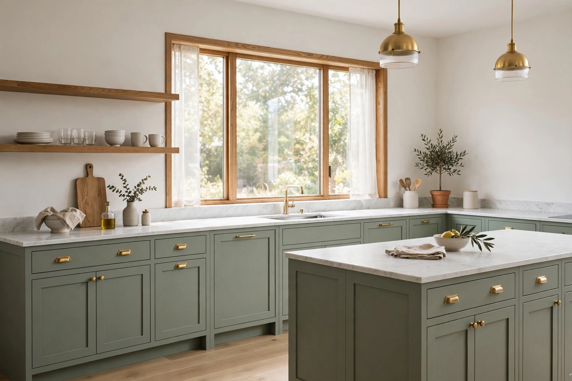 Sage green shaker kitchen with brass hardware, white marble counters and oak open shelving