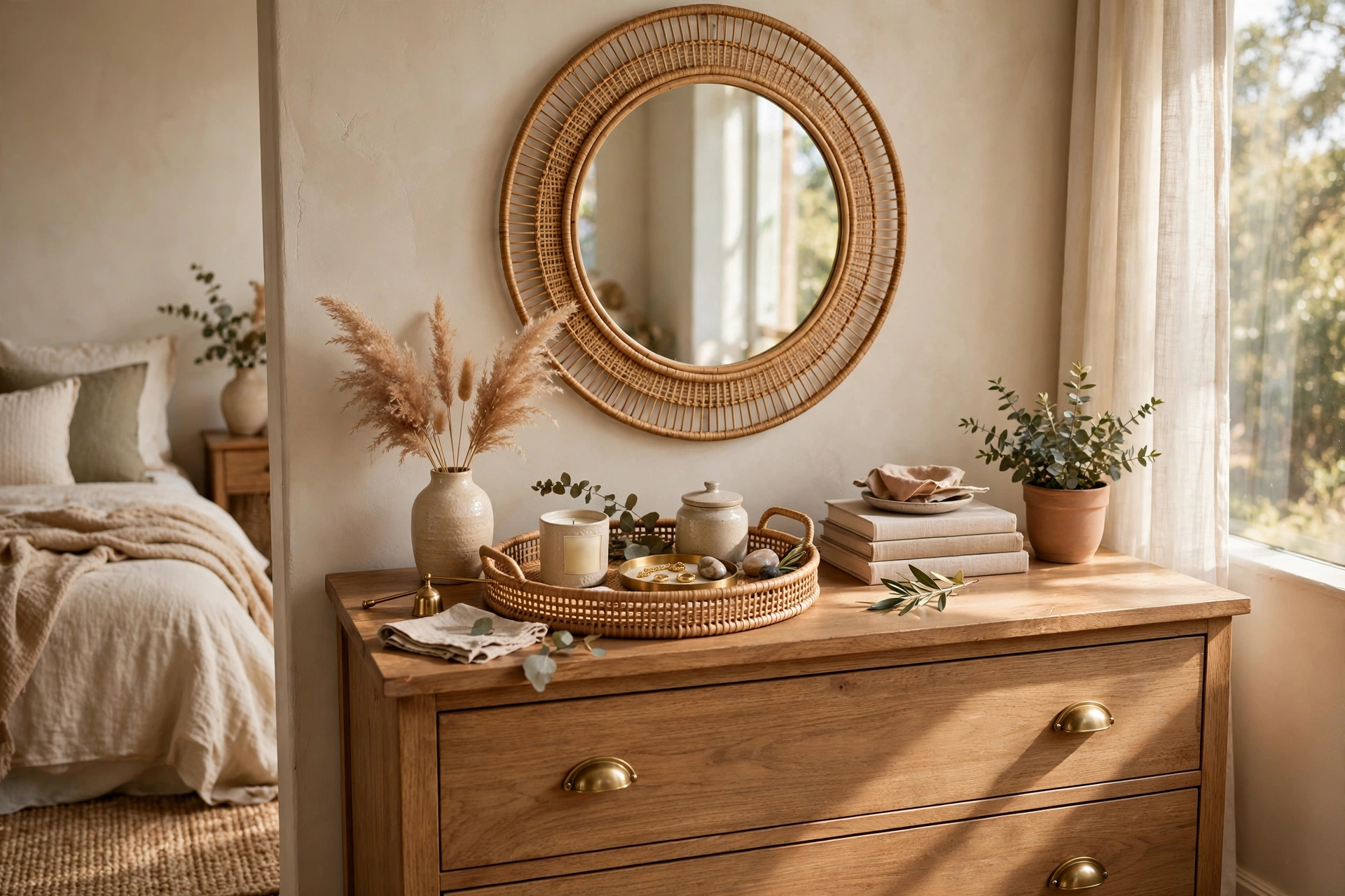 Styled Bedroom Dresser With Round Mirror and Decorative Tray