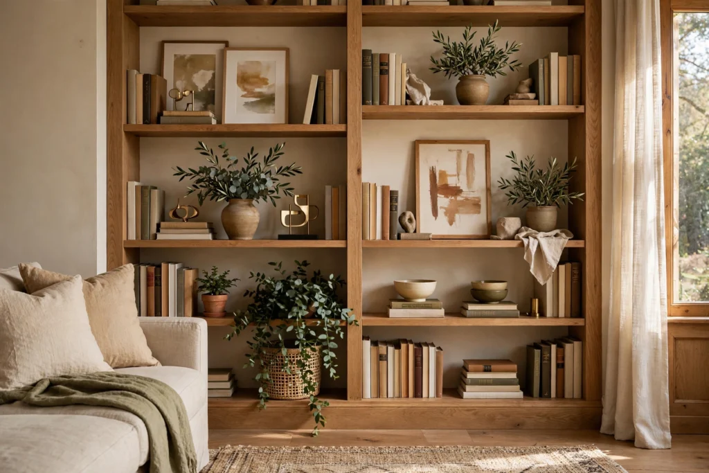 Elegant Living Room Bookcase Styled With Books Art And Plants