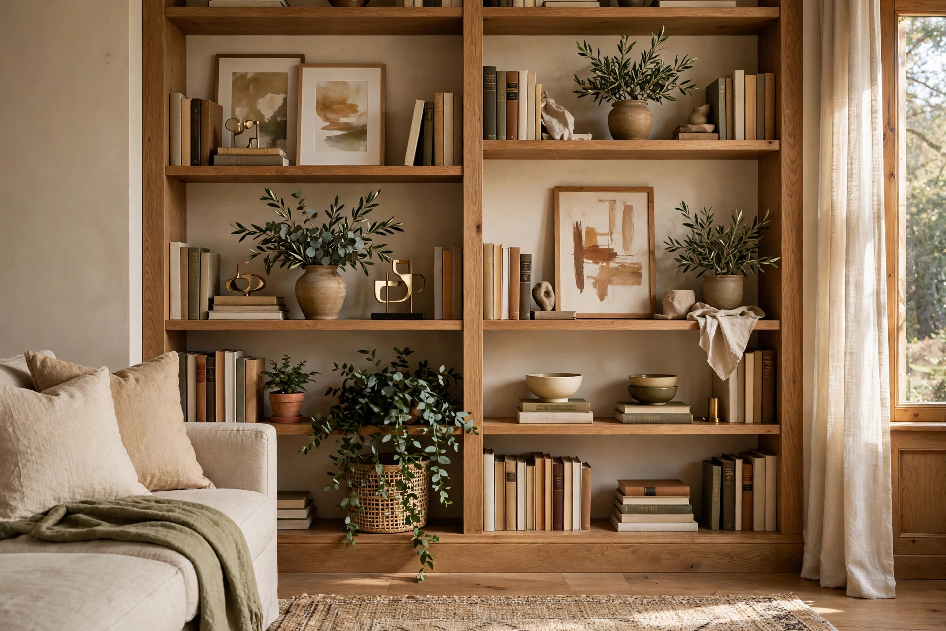 Elegant Living Room Bookcase Styled With Books Art And Plants