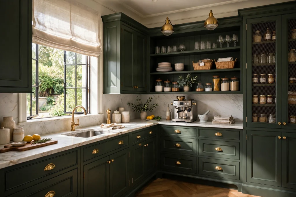 Luxurious Butler's Pantry With Dark Green Cabinetry And Marble Counters