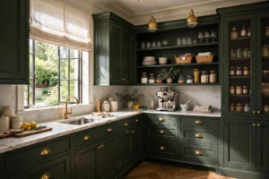 Luxurious Butler's Pantry With Dark Green Cabinetry And Marble Counters