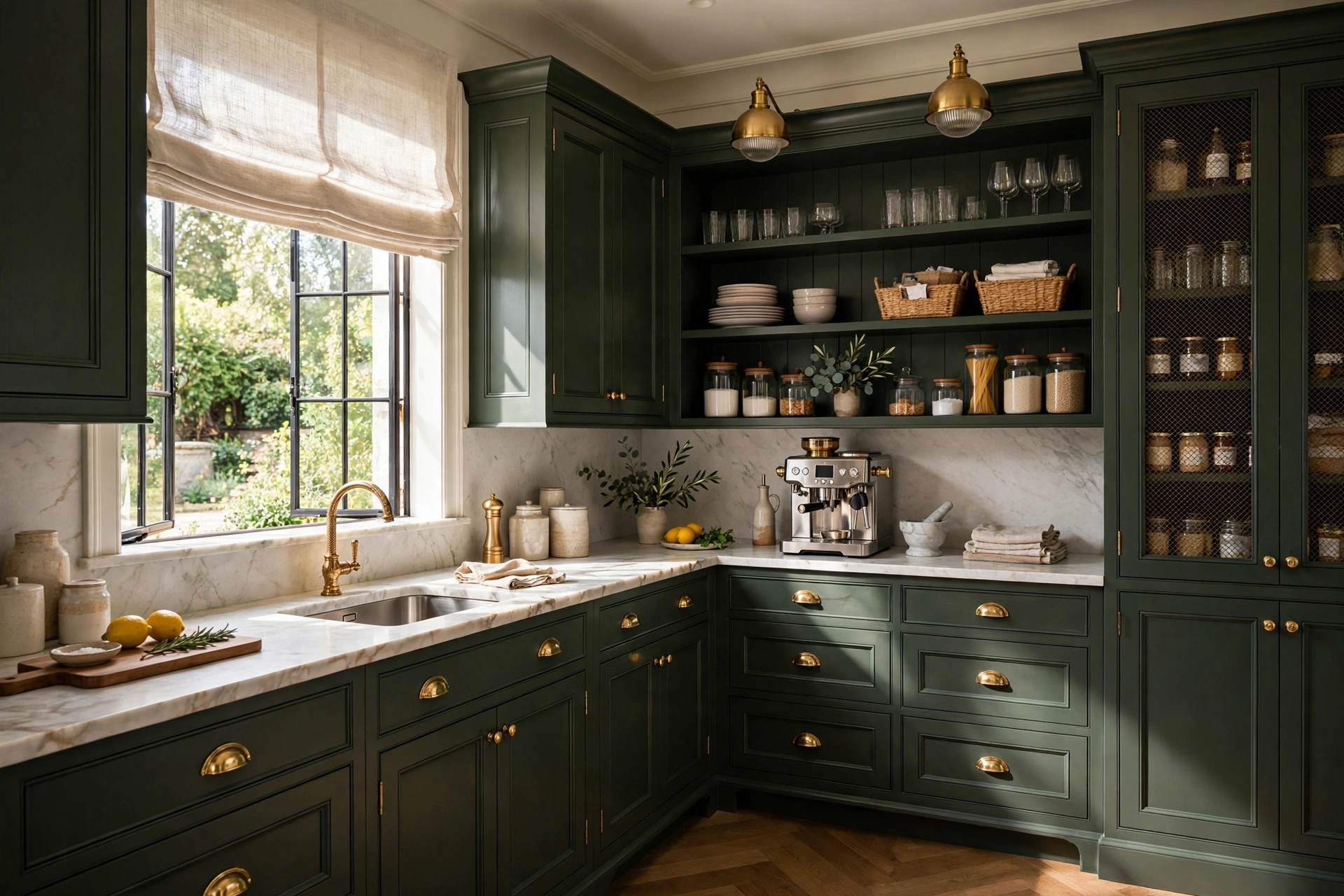 Luxurious Butler's Pantry With Dark Green Cabinetry And Marble Counters