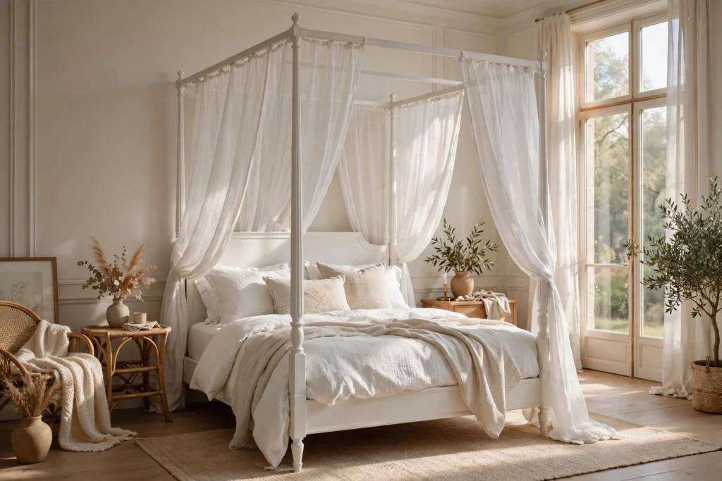 Elegant White Canopy Bed In Dreamy Bedroom