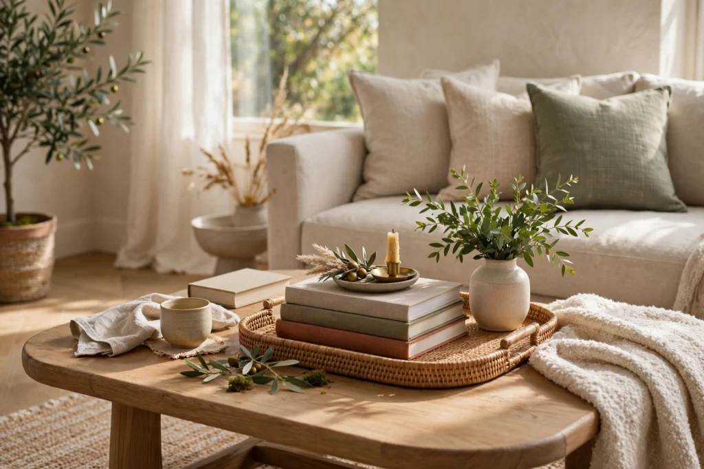 Elegant Living Room Coffee Table Styled With Books Tray And Greenery