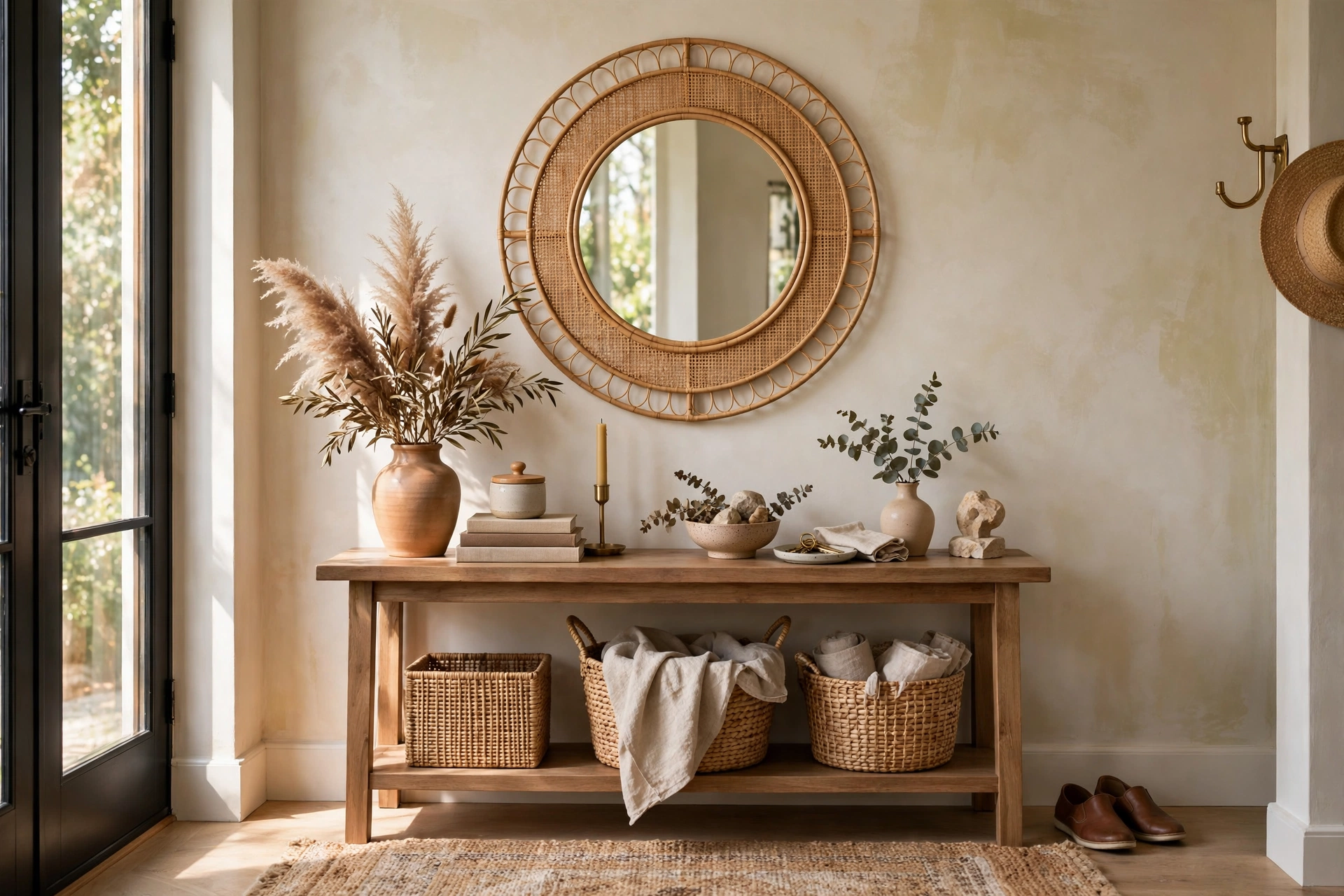 Styled Entryway Console Table With Round Mirror And Layered Decor