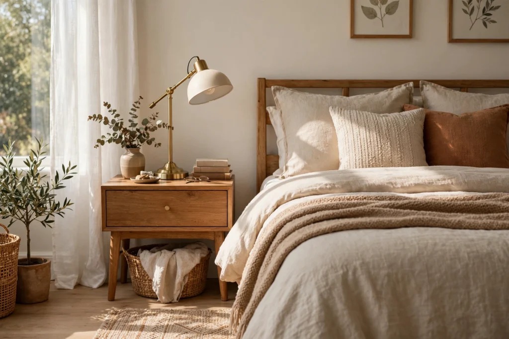 Cozy Bedroom With Stylish Desk Lamp On Nightstand