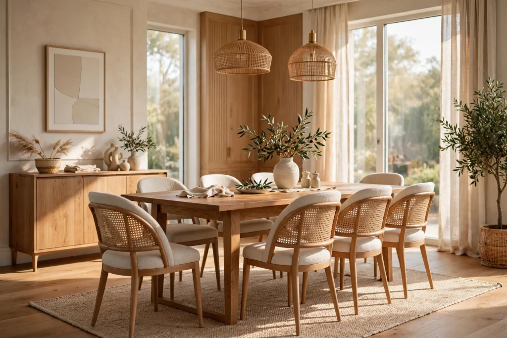 Elegant Dining Room With Stylish Chairs Around a Wooden Table