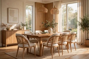 Elegant Dining Room With Stylish Chairs Around a Wooden Table