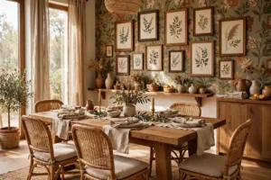 Warm Inviting Dining Room With Decorated Walls and Wooden Table