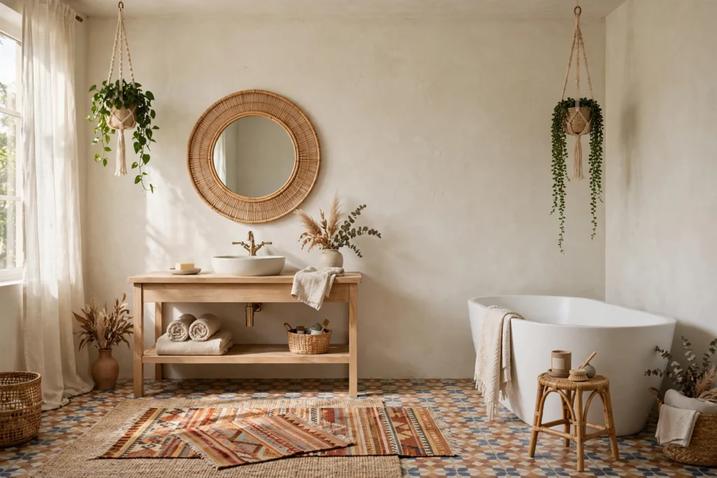 Boho bathroom with rattan mirror, hanging plants, patterned tile and layered rugs in warm daylight